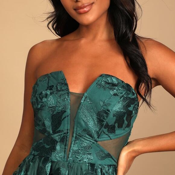 Lulus Magical Mood Emerald Green Embroidered Strapless Skater Mini Dress Small - Picture 3 of 10